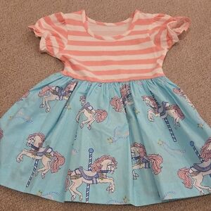 Girls' Pink Stripe Top with Blue Carousel Horse Skirt Dress